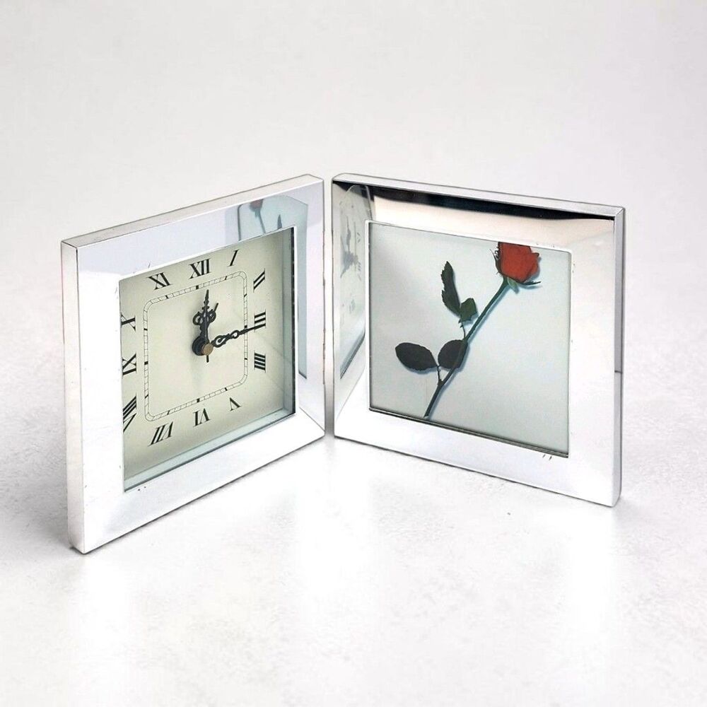 Vintage Folding Desk Clock Photo Frame Quartz Alarm Silver Tone Roman Numeral